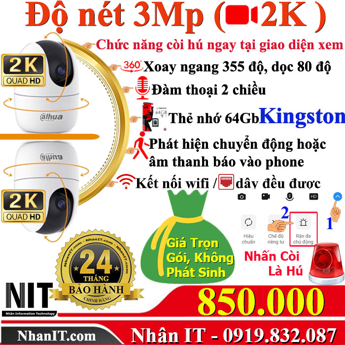 Cam Dahua 3Mp, xoay, đàm thoại 2 chiều...